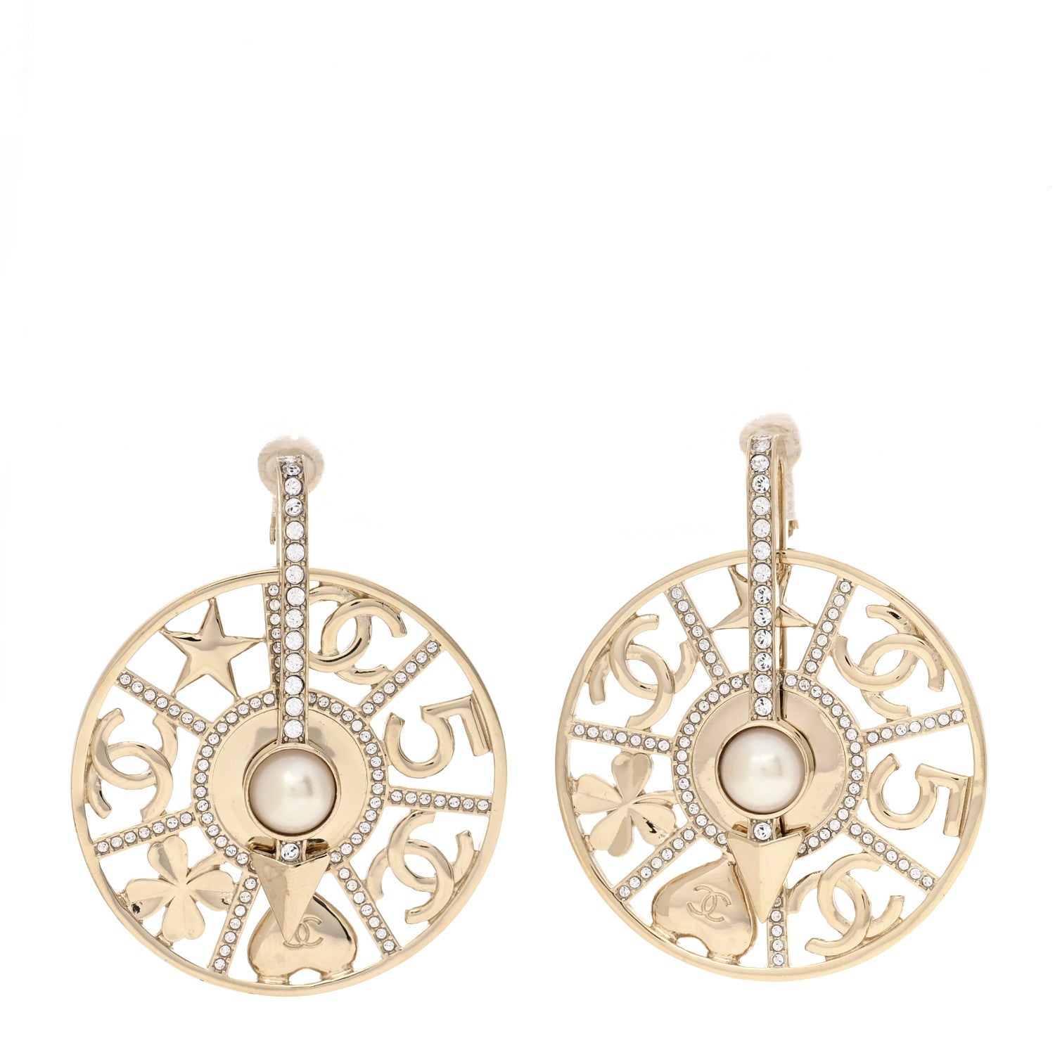 Chanel Pearl Crystal Lucky Symbols Round Clip On Earrings Gold Pearly White 1 of 5