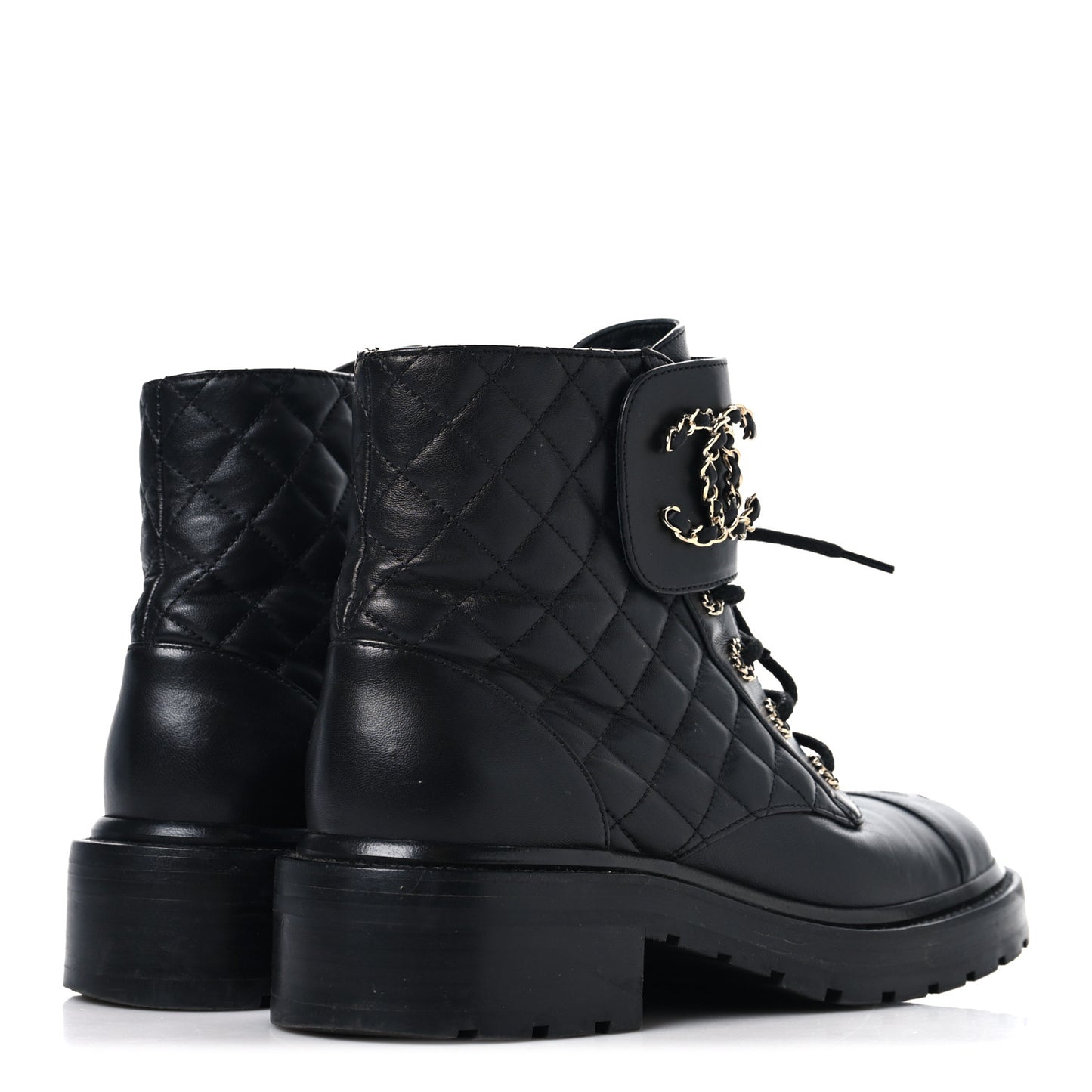 Shiny Lambskin Quilted Lace Up Combat Boots 39 Black