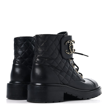Chanel Shiny Lambskin Quilted Lace Up Combat Boots 39 Black 5 of 9