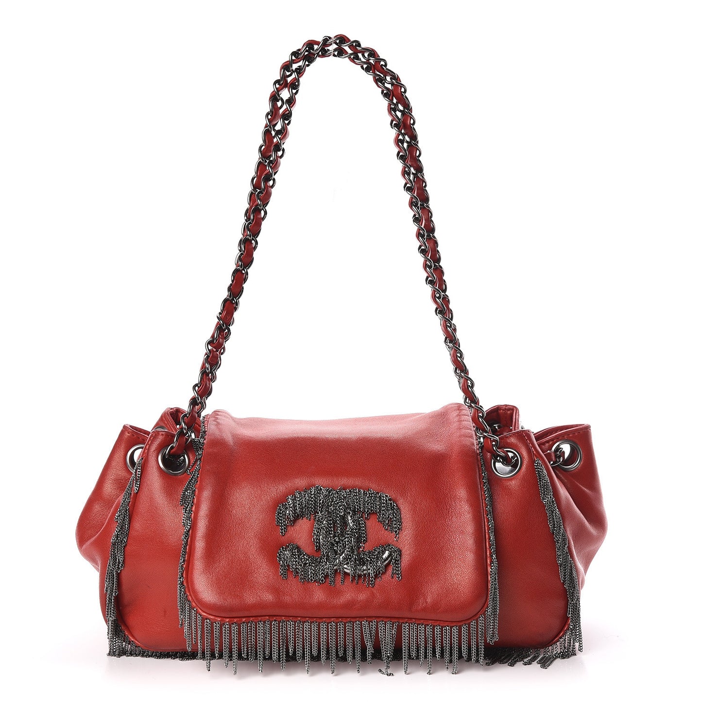 Lambskin Rock And Cabaret Chain Fringe Accordion Flap Red