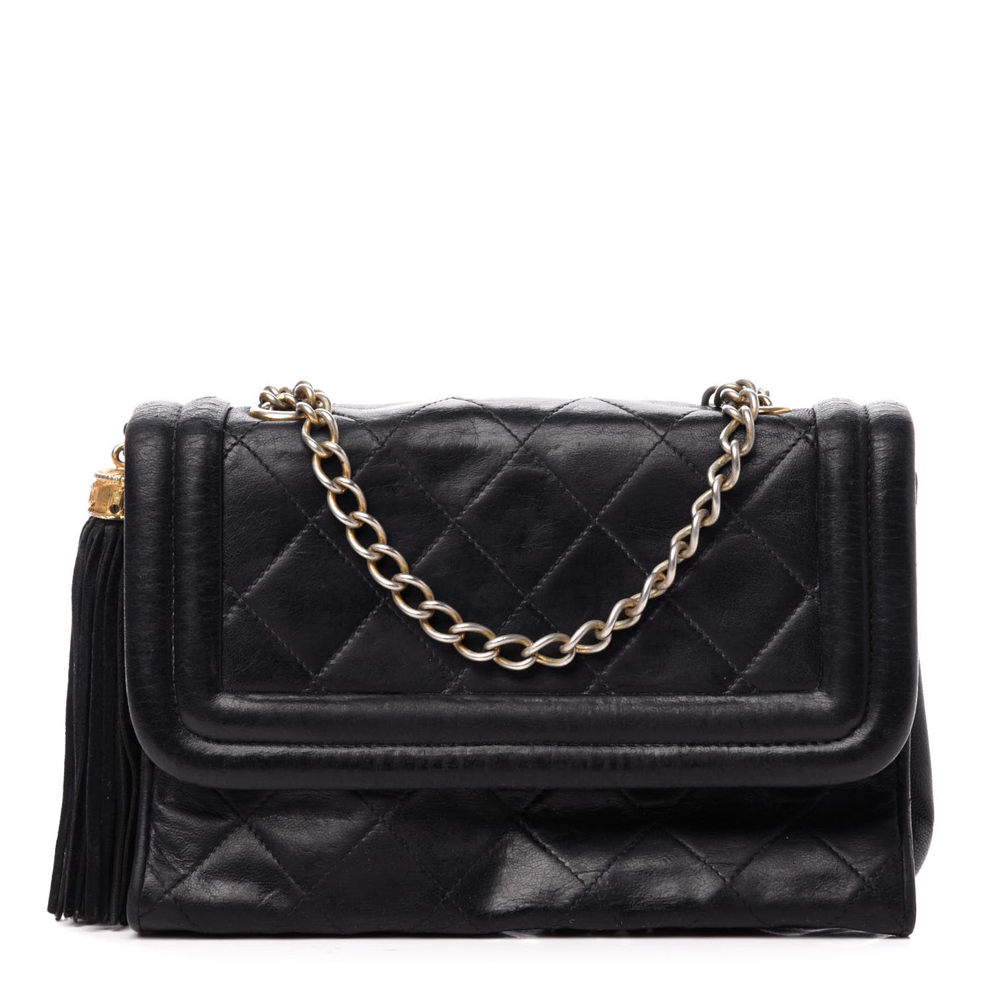 Lambskin Quilted Tassel Shoulder Flap Bag Black