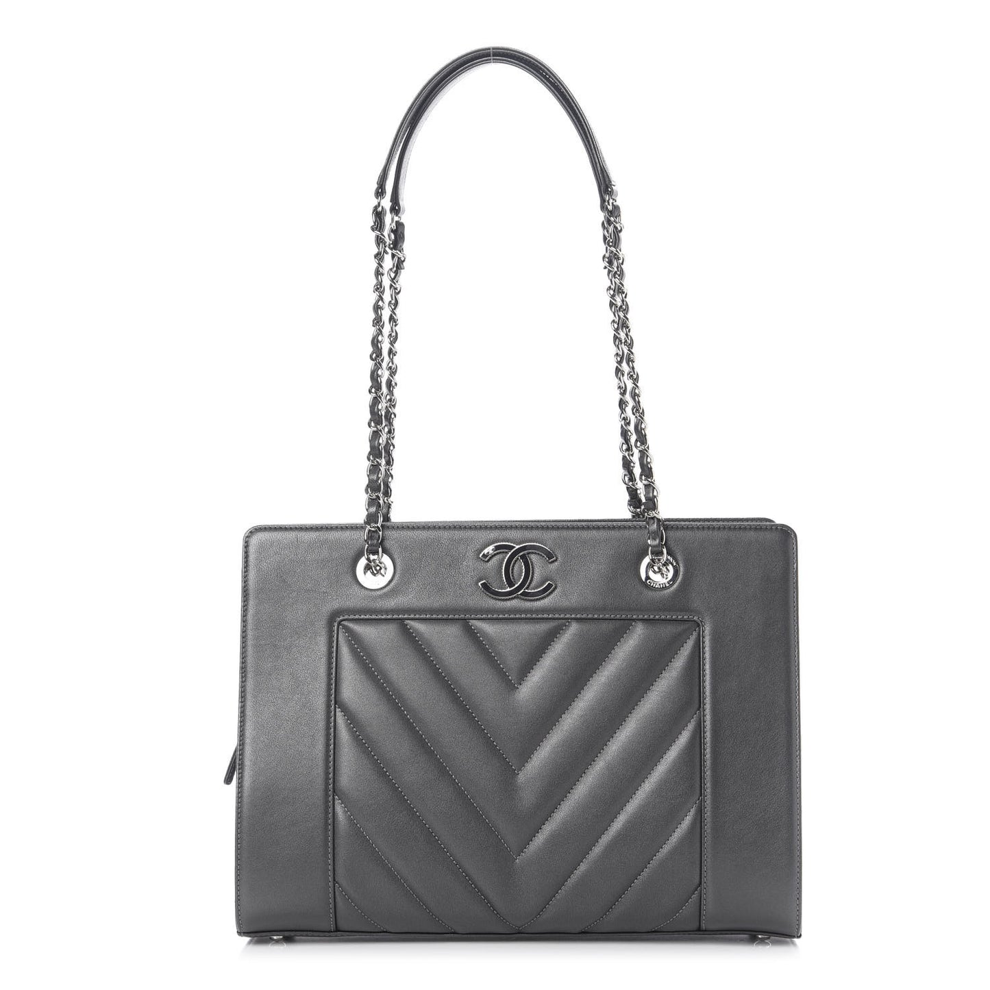 Sheepskin Chevron Quilted Mademoiselle Vintage Shopping Tote Dark Grey