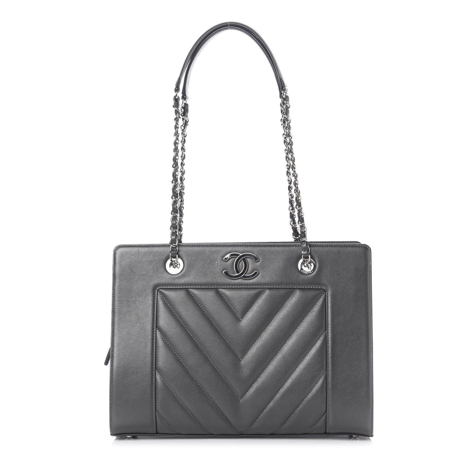 Chanel Sheepskin Chevron Quilted Mademoiselle Vintage Shopping Tote Dark Grey 1 of 11