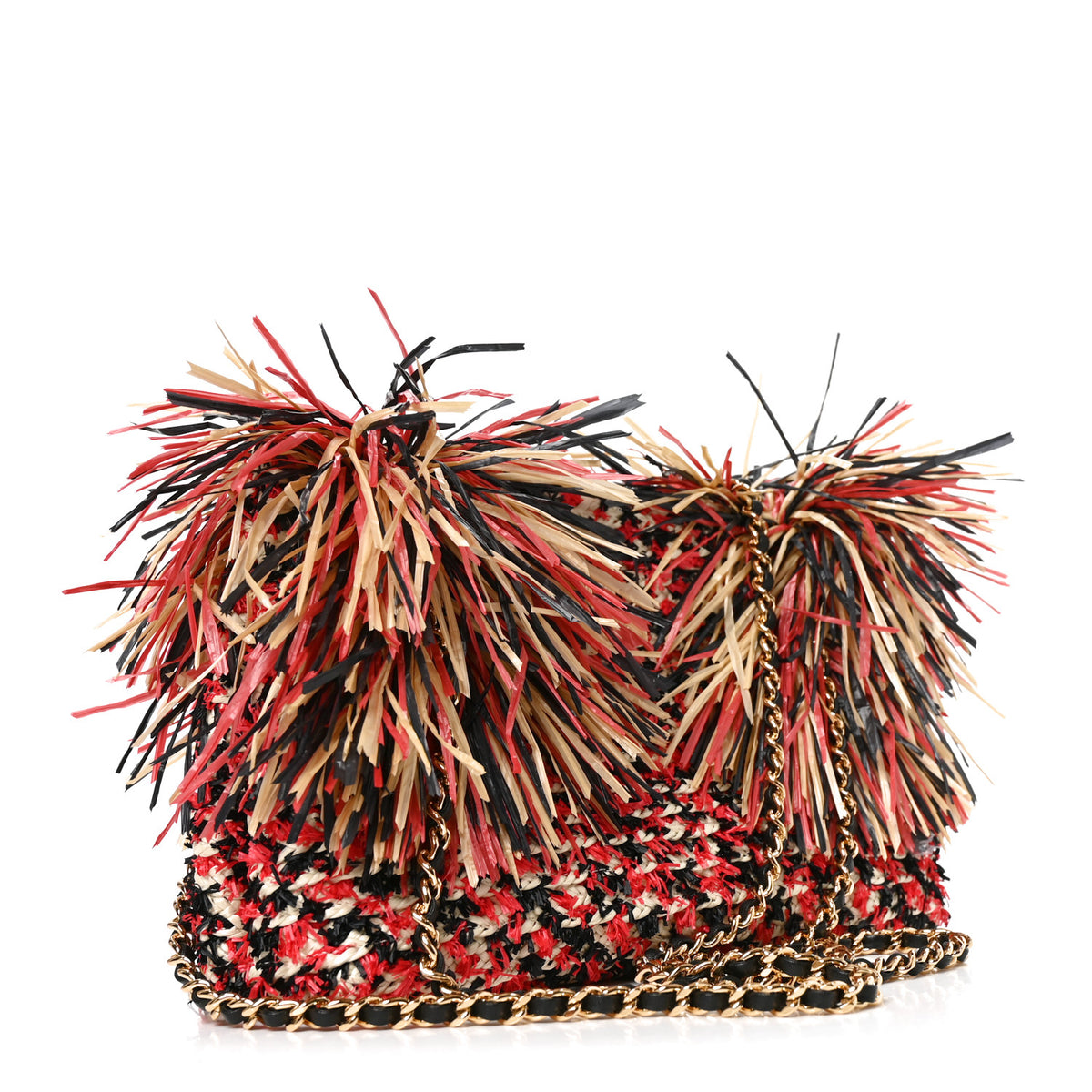 Raffia Fringe Mini Shopping Bag Red Light Beige Black