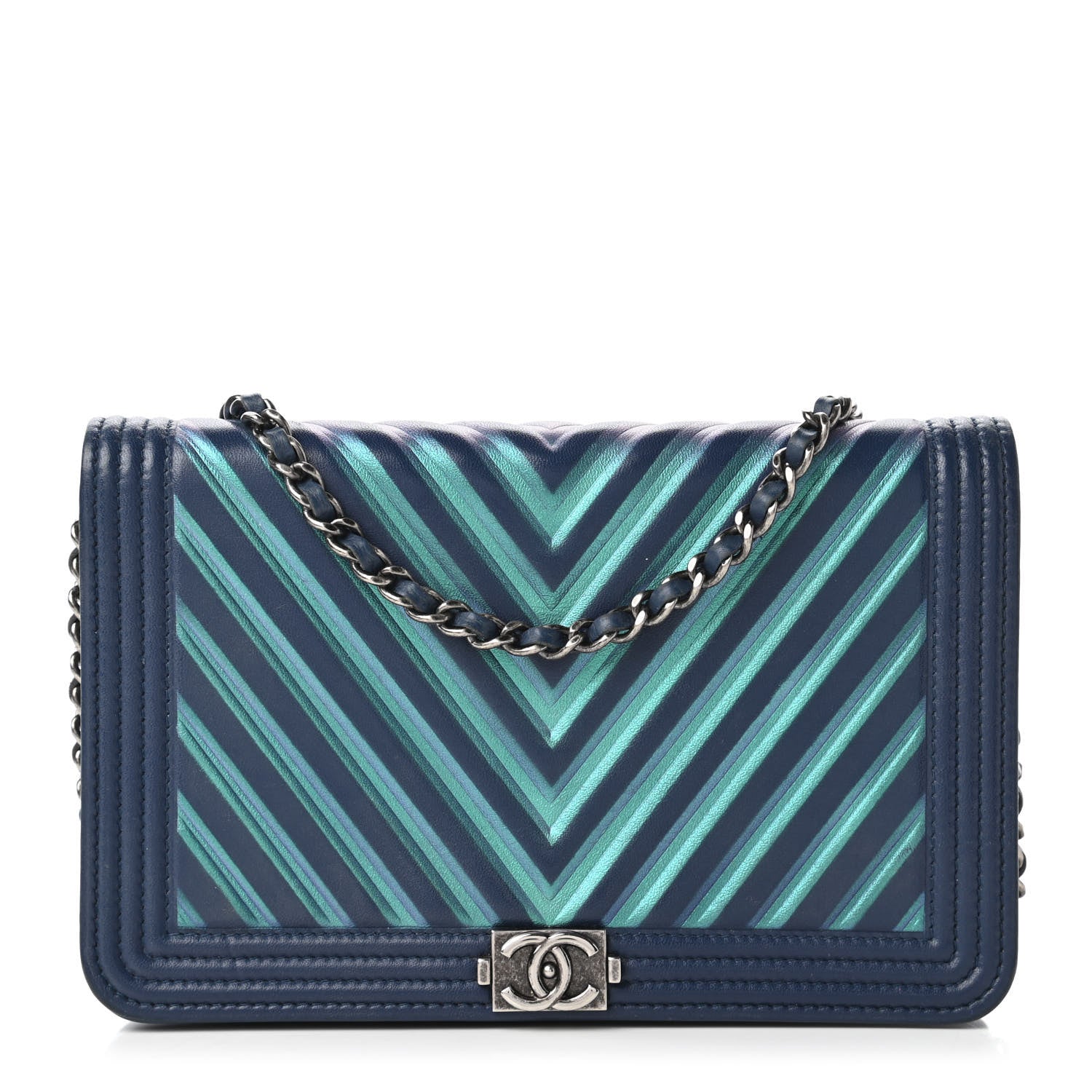 Chanel Calfskin Painted Chevron Embossed Boy Wallet On Chain WOC Navy 1 of 13