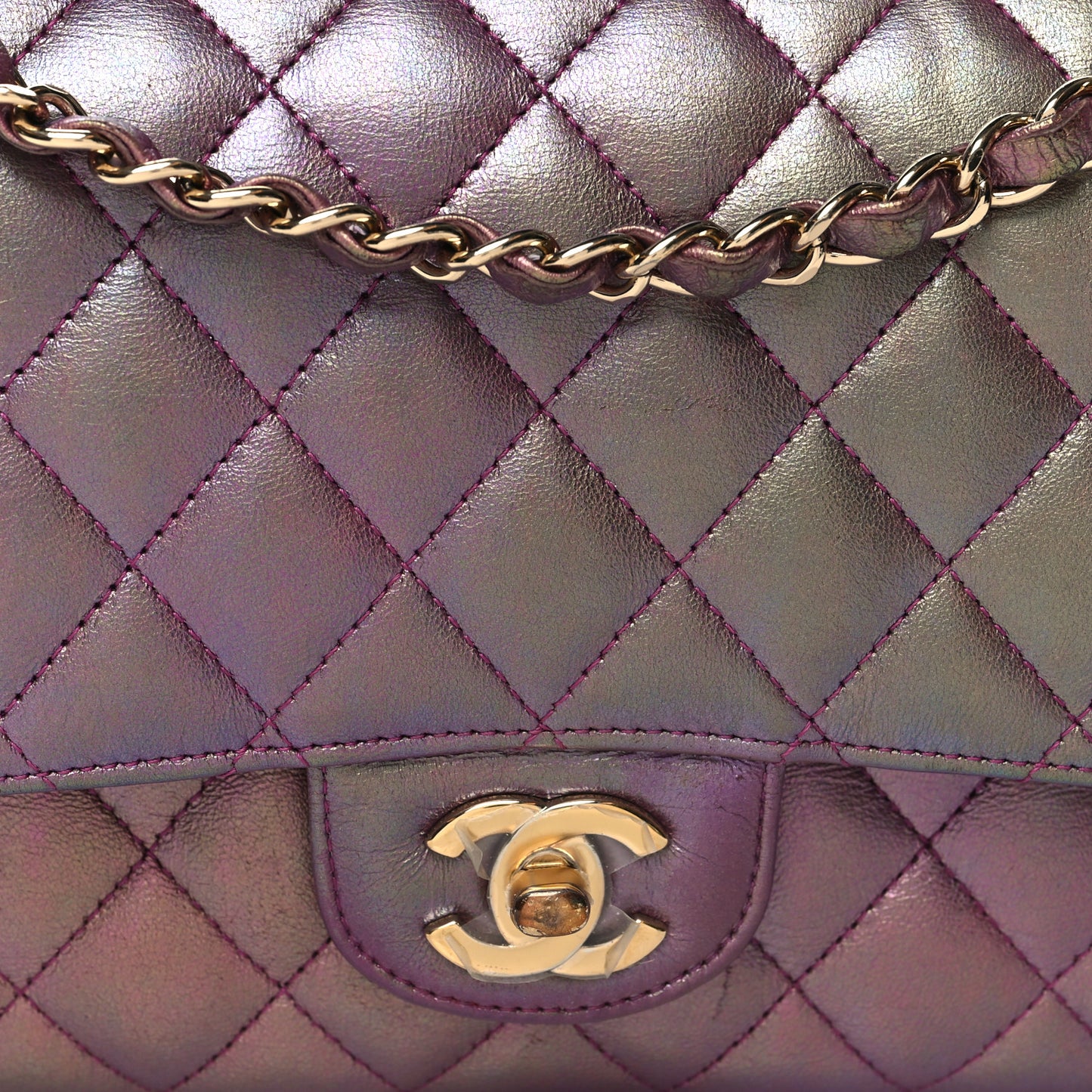 Iridescent Lambskin Quilted Medium Double Flap Purple