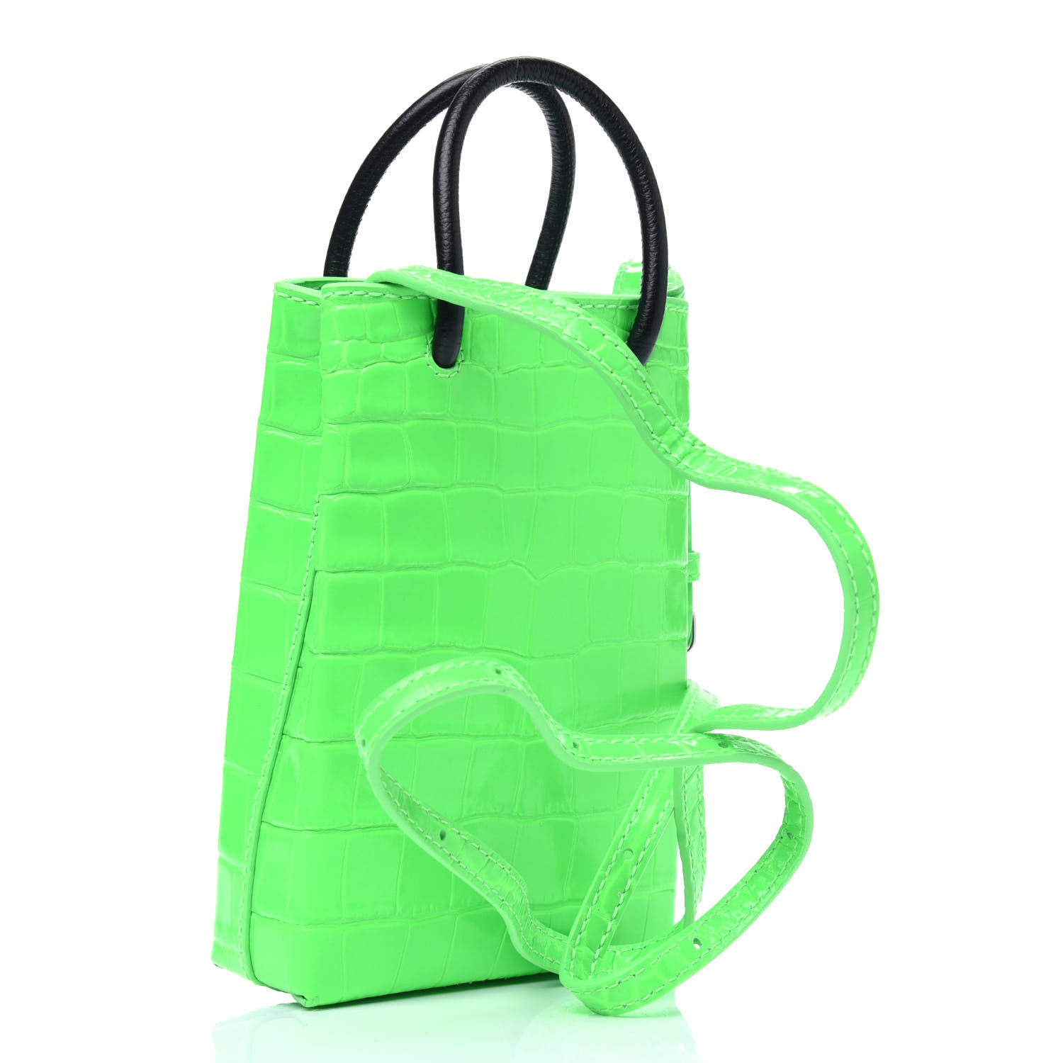 Balenciaga Shiny Calfskin Crocodile Embossed Logo Shopping Phone Holder Bag Fluo Green Black 4 of 14