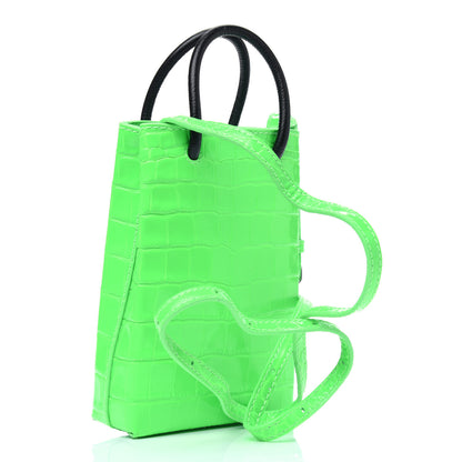 Balenciaga Shiny Calfskin Crocodile Embossed Logo Shopping Phone Holder Bag Fluo Green Black 4 of 14