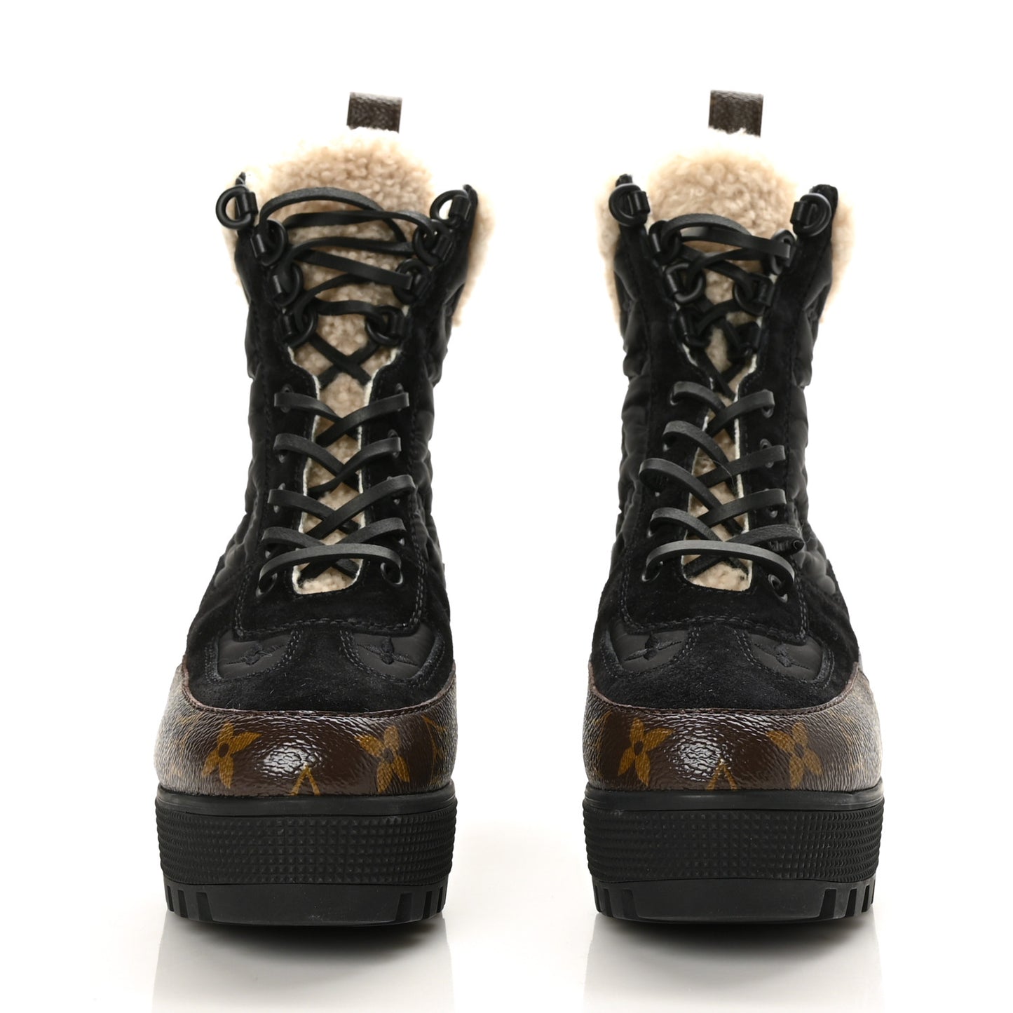 Nylon Suede Calfskin Shearling Monogram Laureate Platform Boots 37 Black
