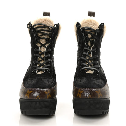 Louis Vuitton Nylon Suede Calfskin Shearling Monogram Laureate Platform Boots 37 Black 2 of 6