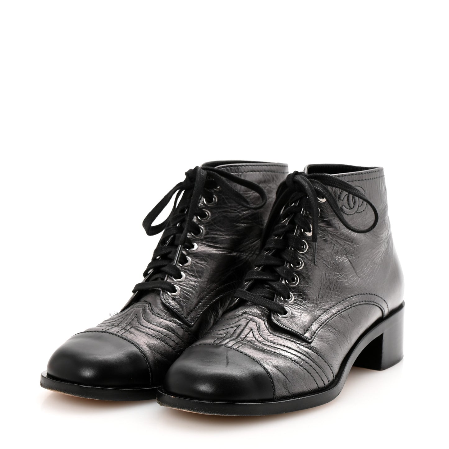 Crumpled Calfskin CC Lace Up Boots 37 Grey Black