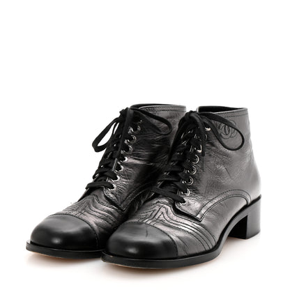 Chanel Crumpled Calfskin CC Lace Up Boots 37 Grey Black 4 of 11