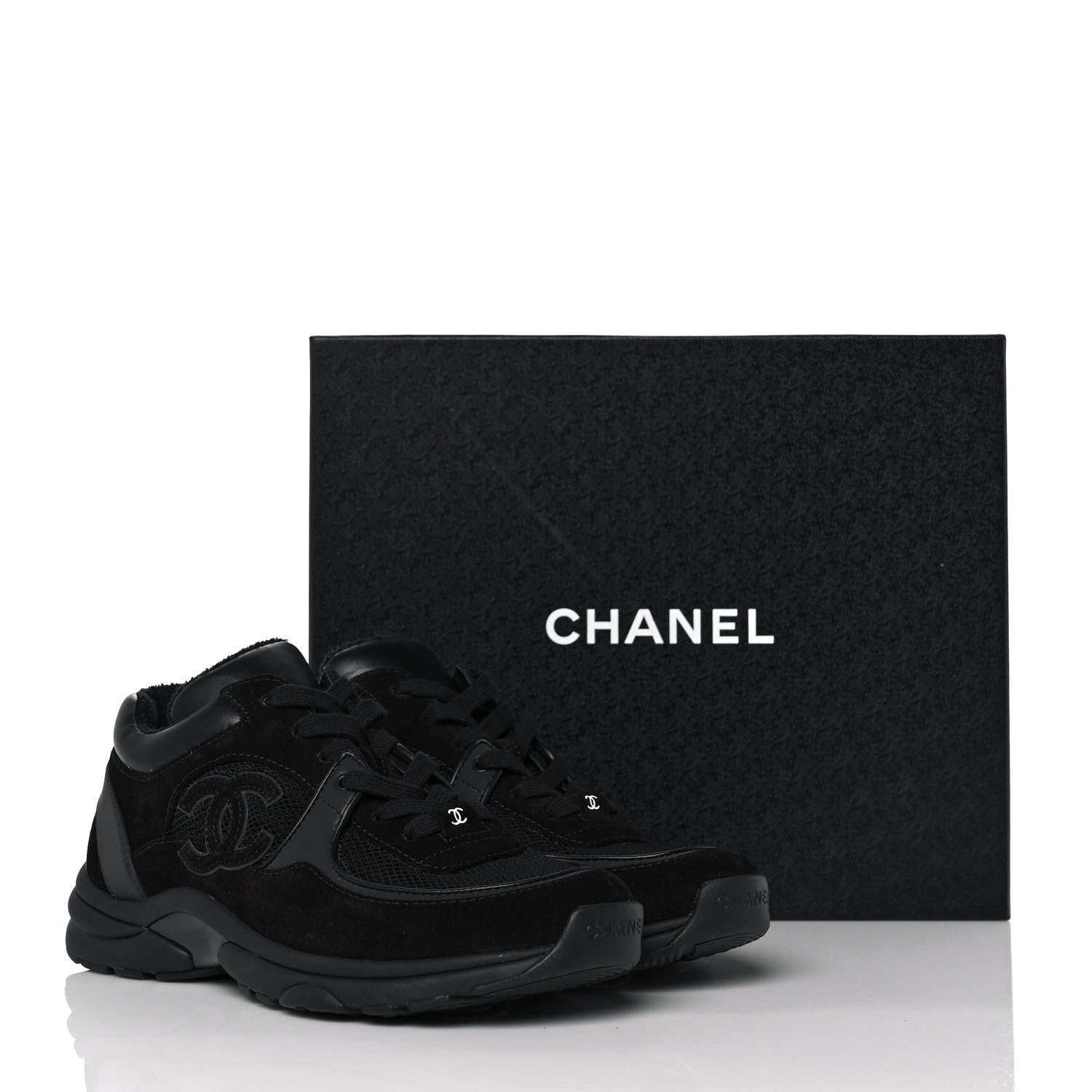 Chanel Fabric Calfskin Suede CC Sneakers 38 Black 9 of 9