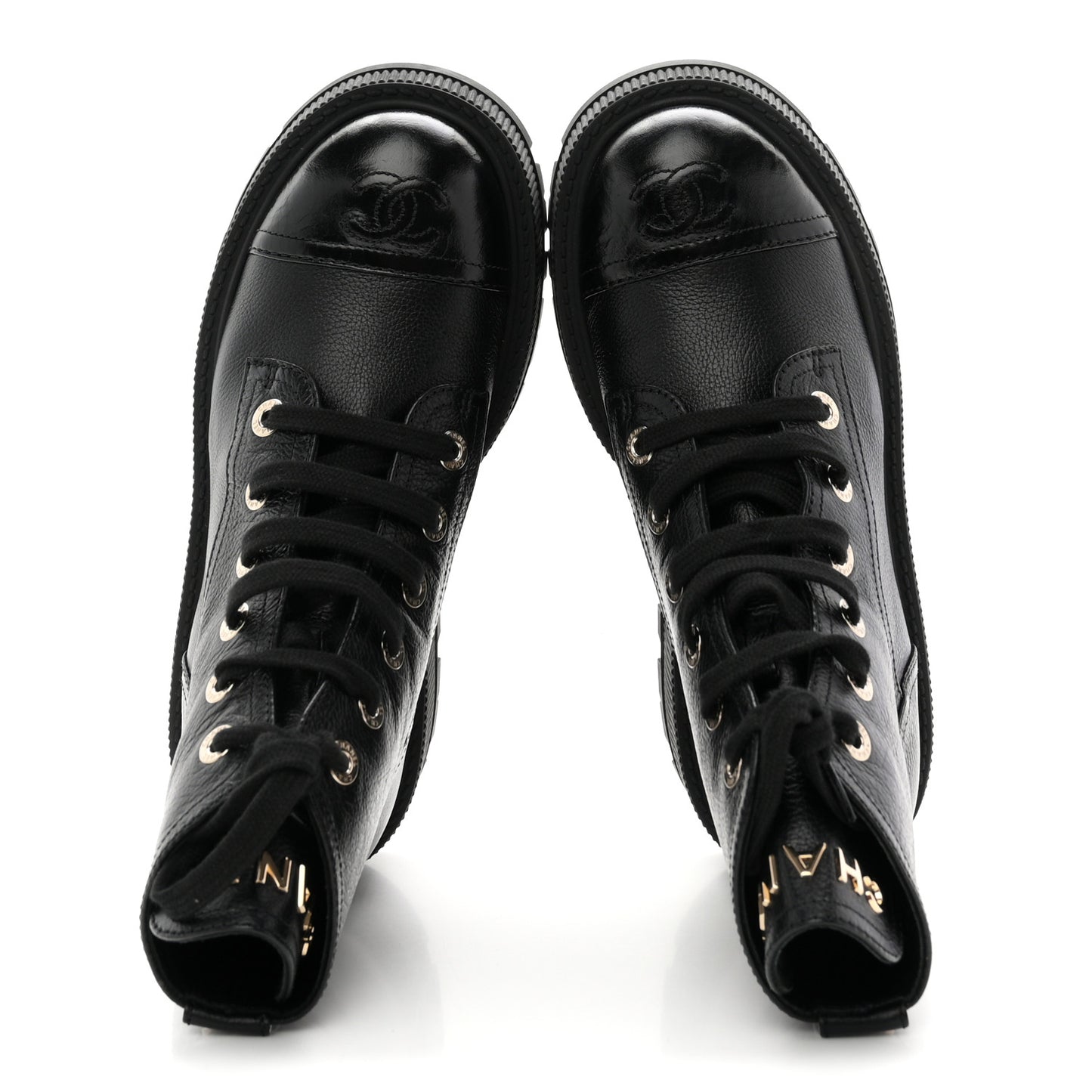 Grained Calfskin Shiny Calfskin CC Lace Up Combat Boots 36.5 Black
