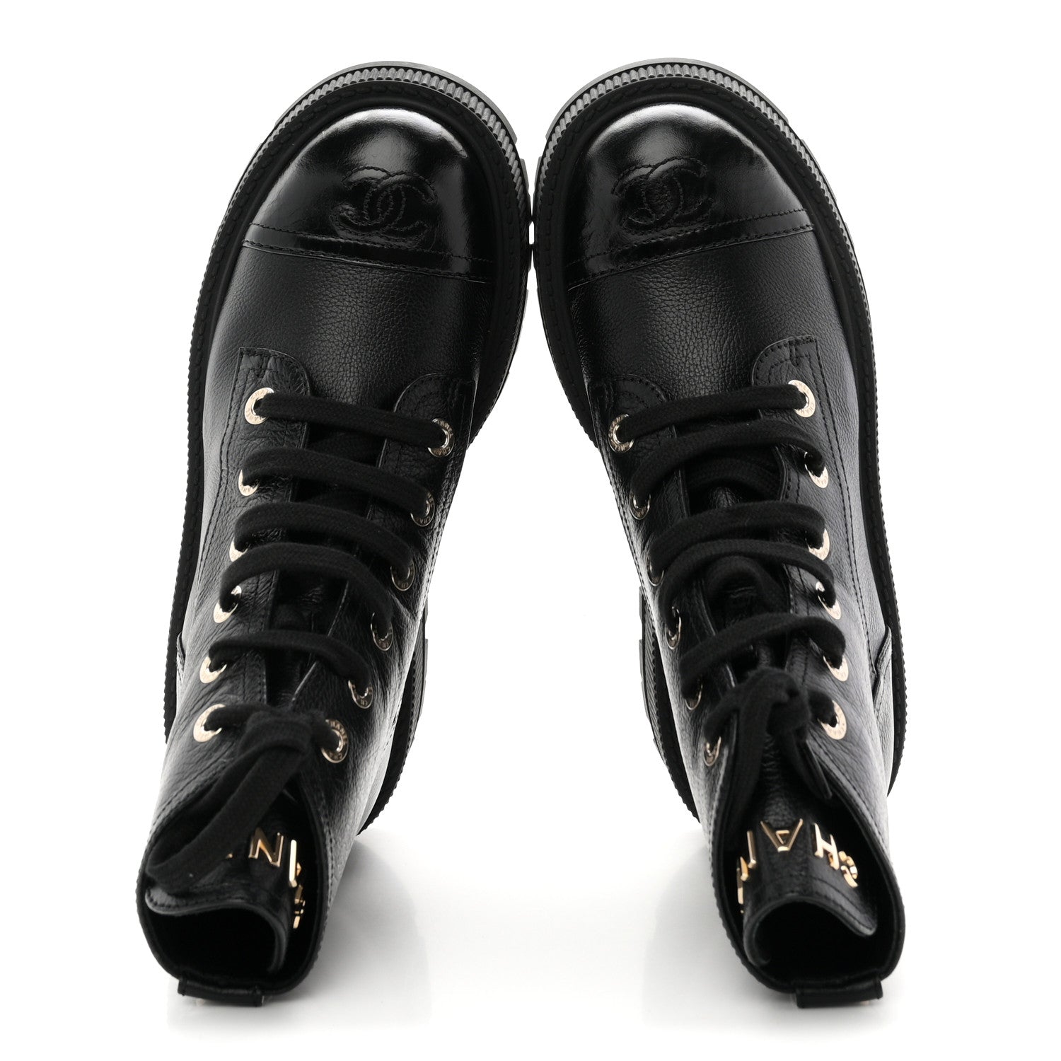 Chanel Grained Calfskin Shiny Calfskin CC Lace Up Combat Boots 36.5 Black 2 of 10