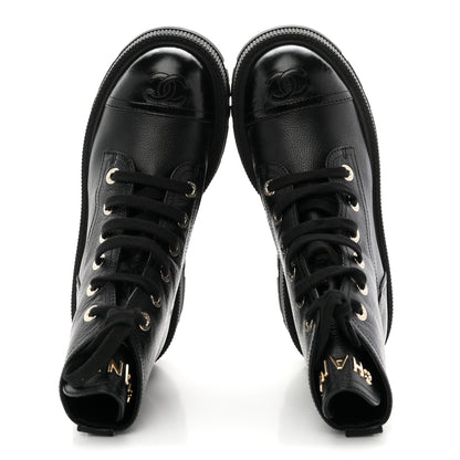 Chanel Grained Calfskin Shiny Calfskin CC Lace Up Combat Boots 36.5 Black 2 of 10
