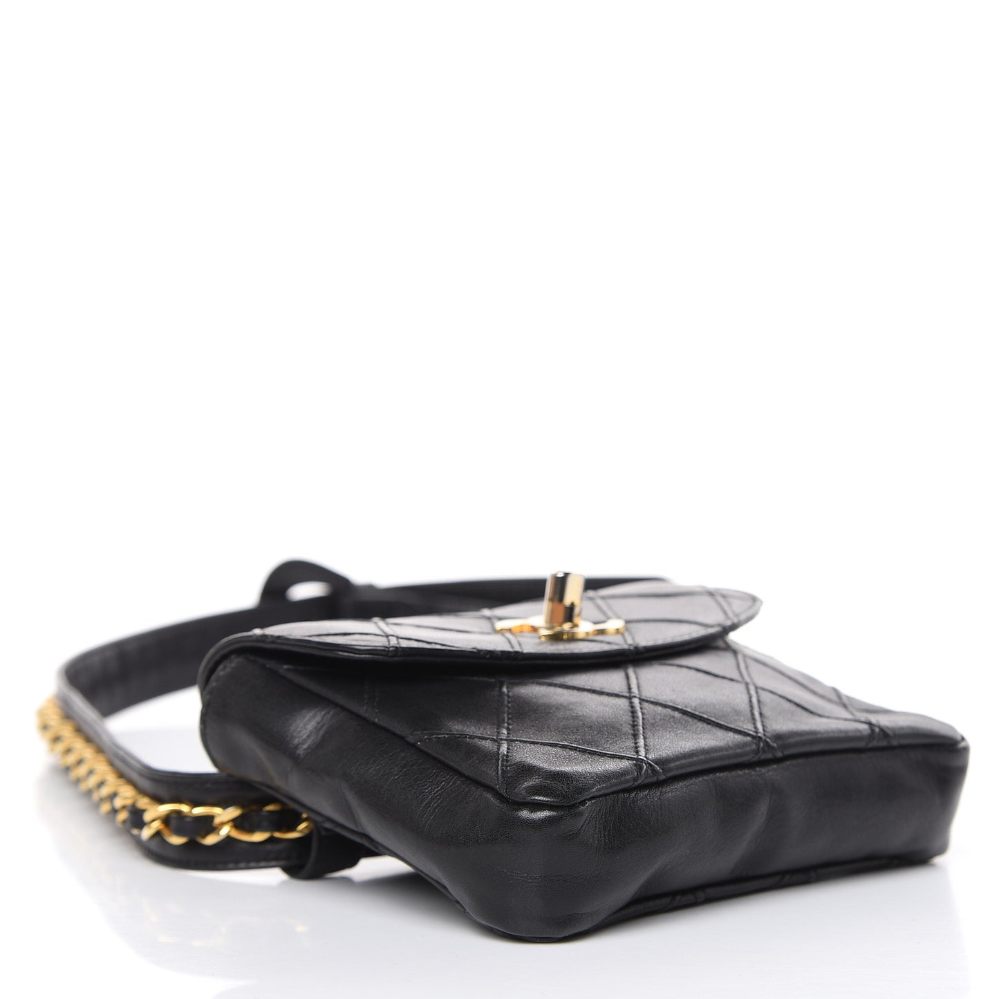 Lambskin Quilted Flap Waist Belt Bag Black