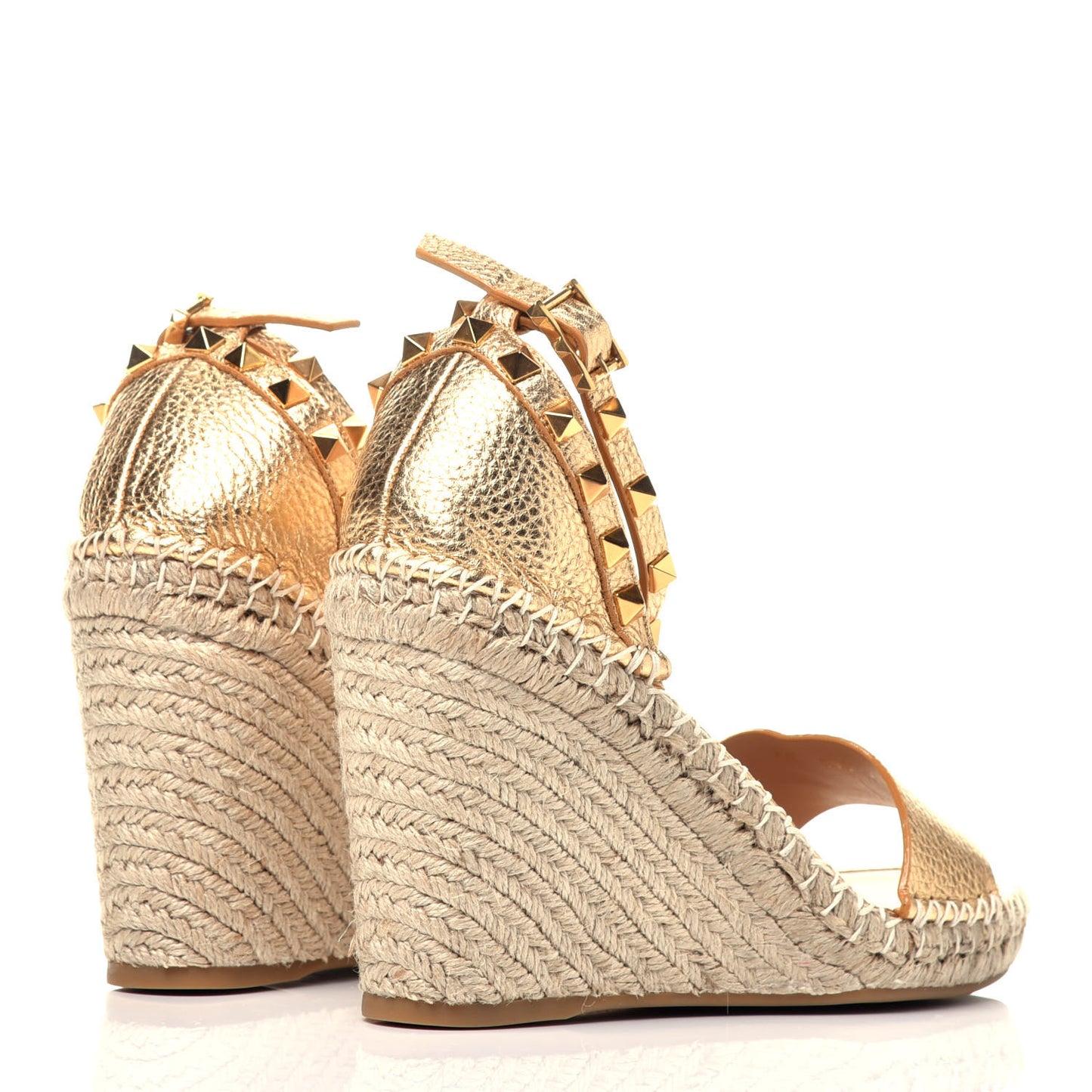 Metallic Pebbled Calfskin Rockstud Ankle Strap Espadrille 15/105mm Wedge Sandals 39 Antique Brass Natural