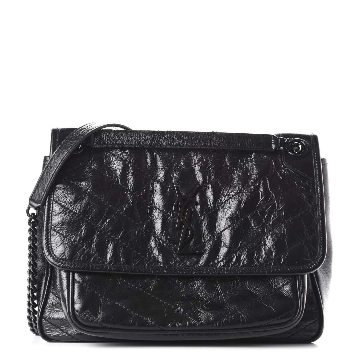 Crinkled Calfskin Matelasse Monogram Medium Niki Chain Satchel Black