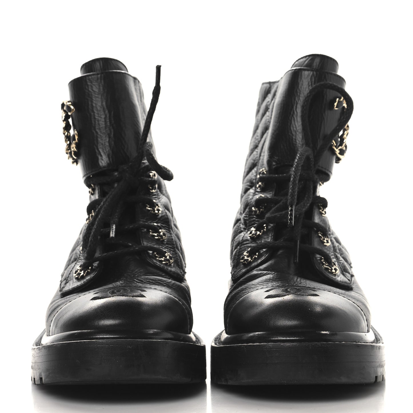 Shiny Calfskin Quilted Lace Up Combat Boots 37 Black