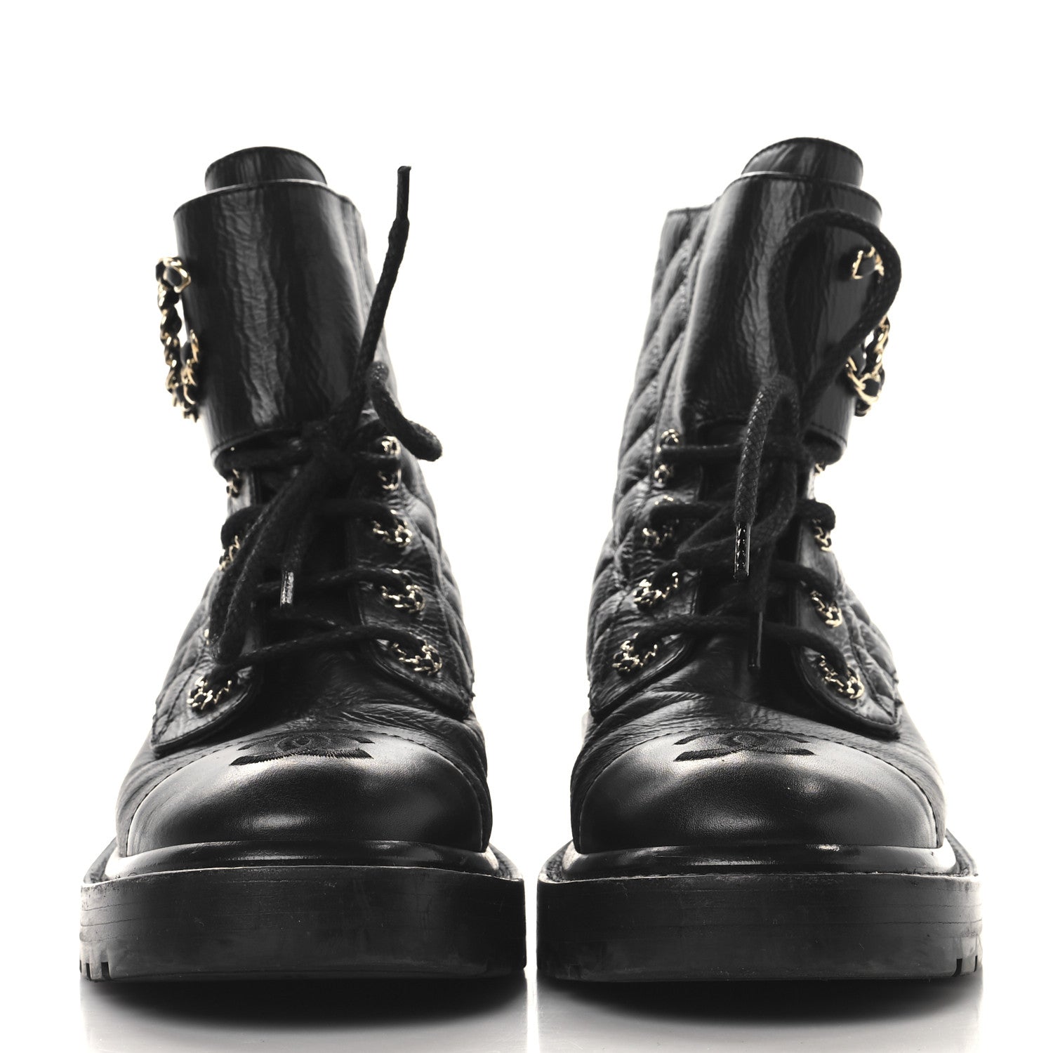 Chanel Shiny Calfskin Quilted Lace Up Combat Boots 37 Black 3 of 8