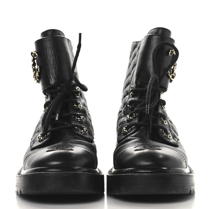Chanel Shiny Calfskin Quilted Lace Up Combat Boots 37 Black 3 of 8