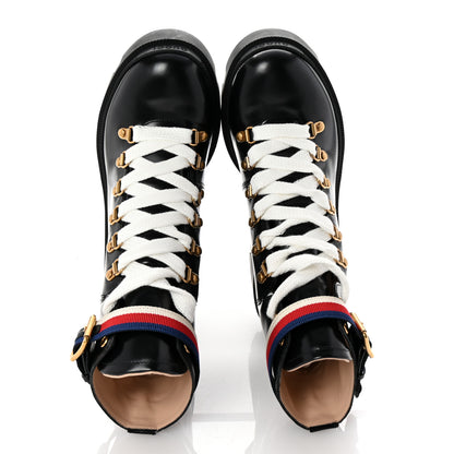 Gucci Calfskin Sylvie Web Womens Lace Up Combat Boots 38 Black 2 of 10