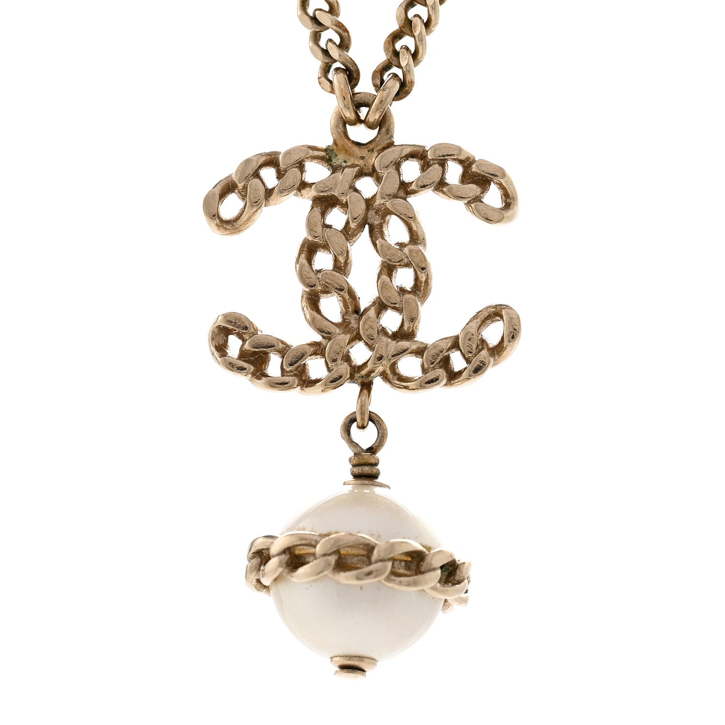 Chain CC Pearl Drop Necklace Gold