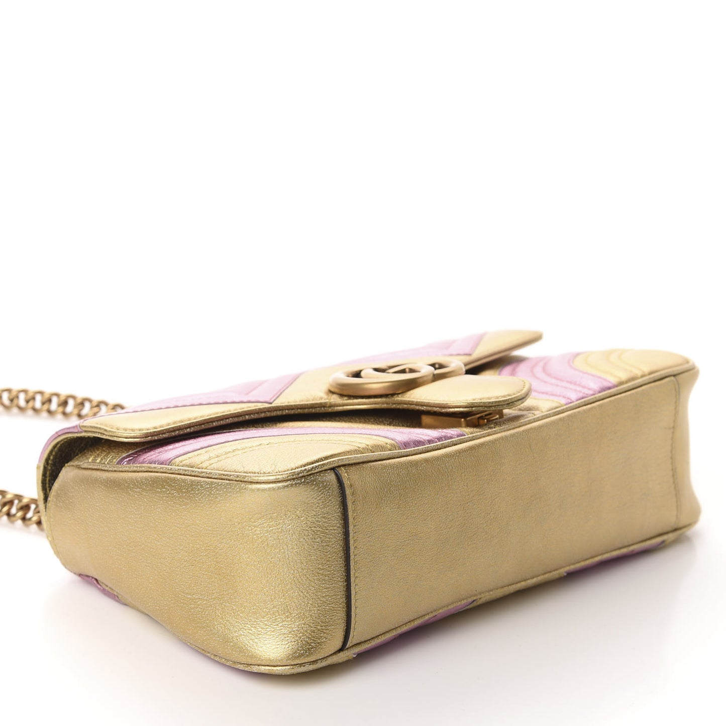 Metallic Calfskin Matelasse Small GG Marmont Shoulder Bag Gold Pink