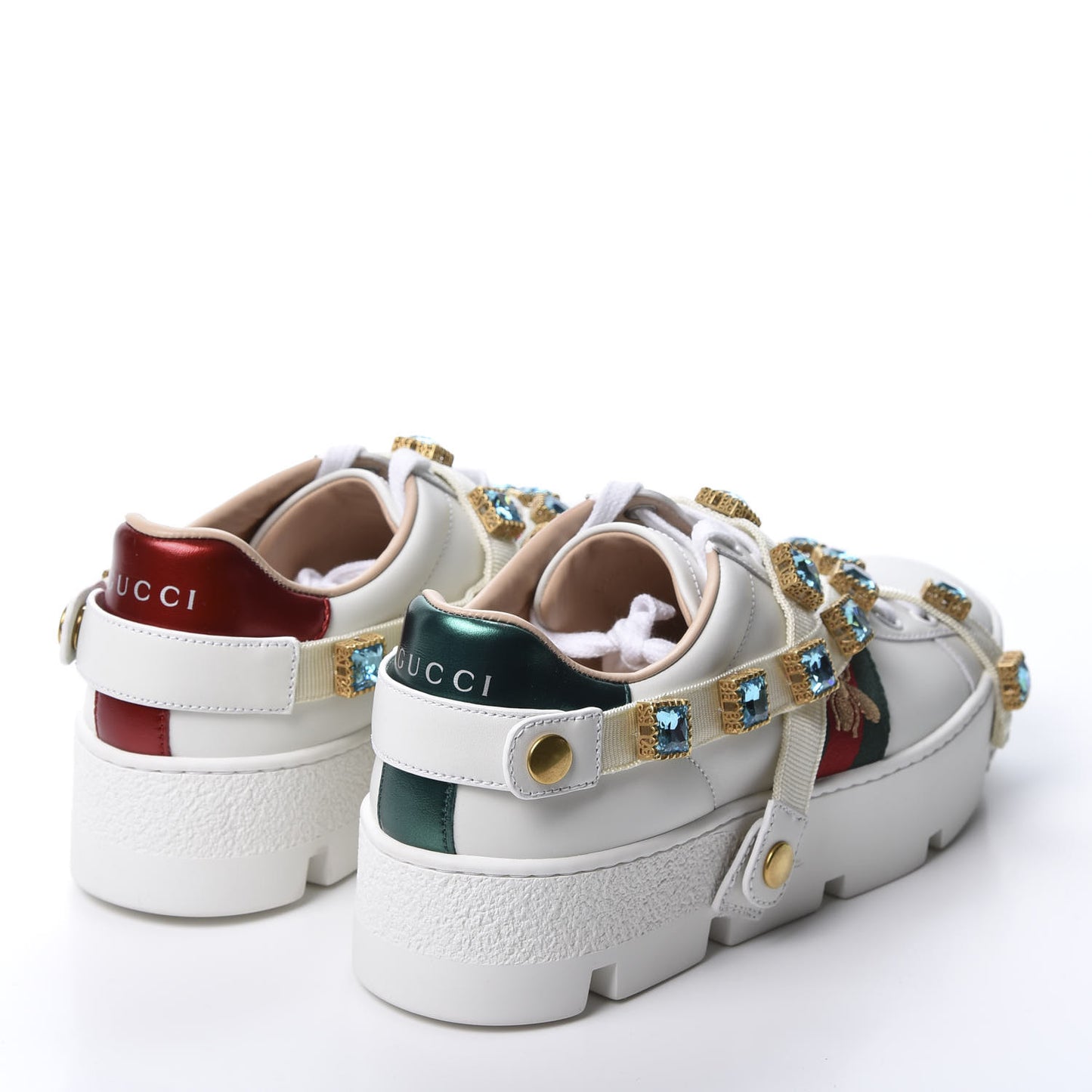 Calfskin Removable Crystals Bee Embroidered Womens Ace Platform Sneakers 36.5 White
