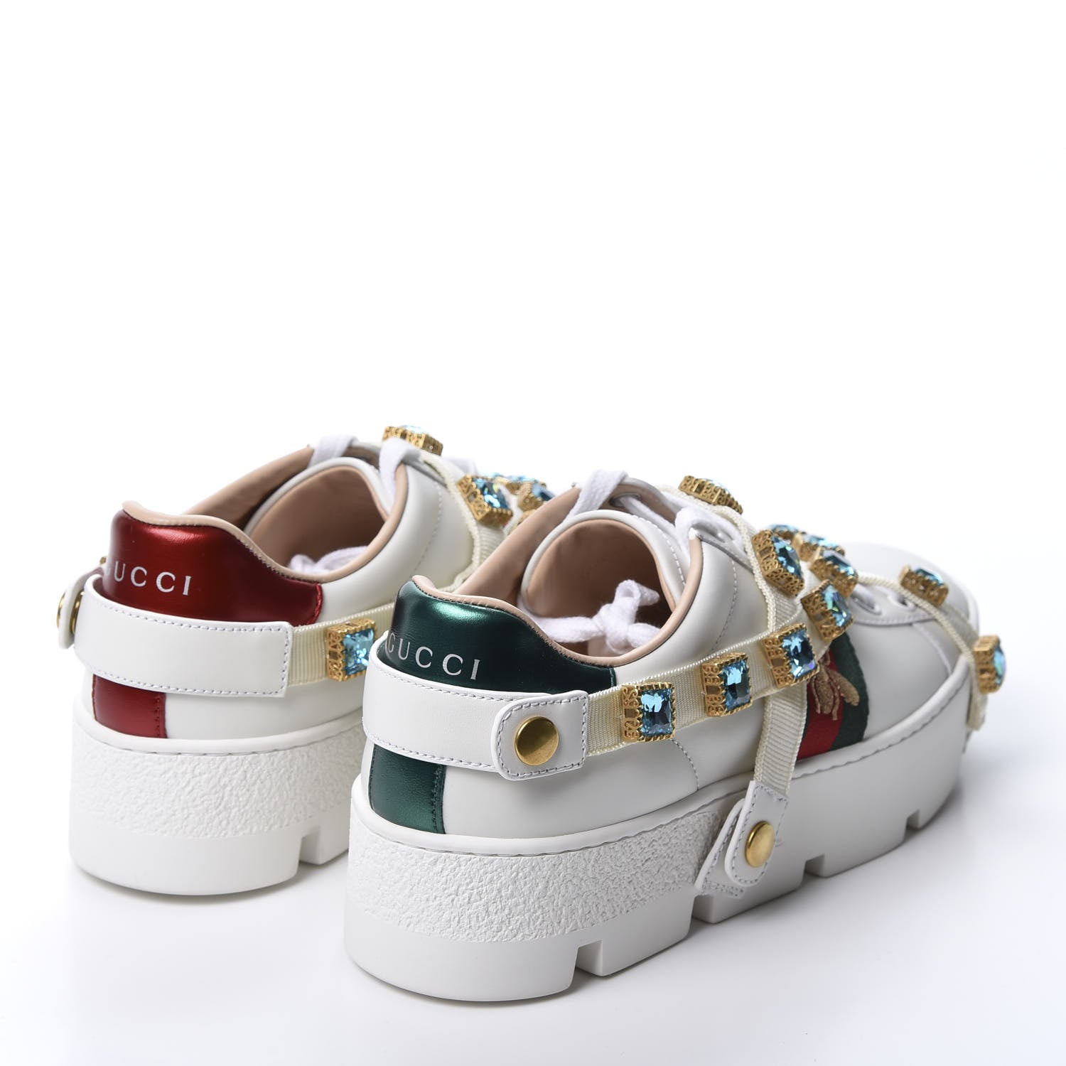 Gucci Calfskin Removable Crystals Bee Embroidered Womens Ace Platform Sneakers 36.5 White 5 of 11