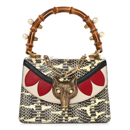 Gucci Snakeskin Pearl Mini Fox Broche Bamboo Top Handle Bag Roccia Hibiscus Red Mystic White 1 of 12