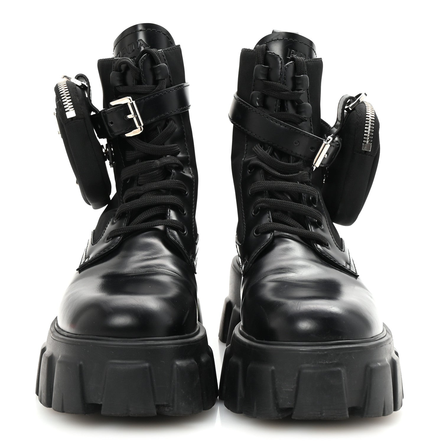 Prada Spazzolato Rois Nylon Metal Triangle Logo Monolith Pouch Pocket 55mm Boots 38 Black 3 of 9