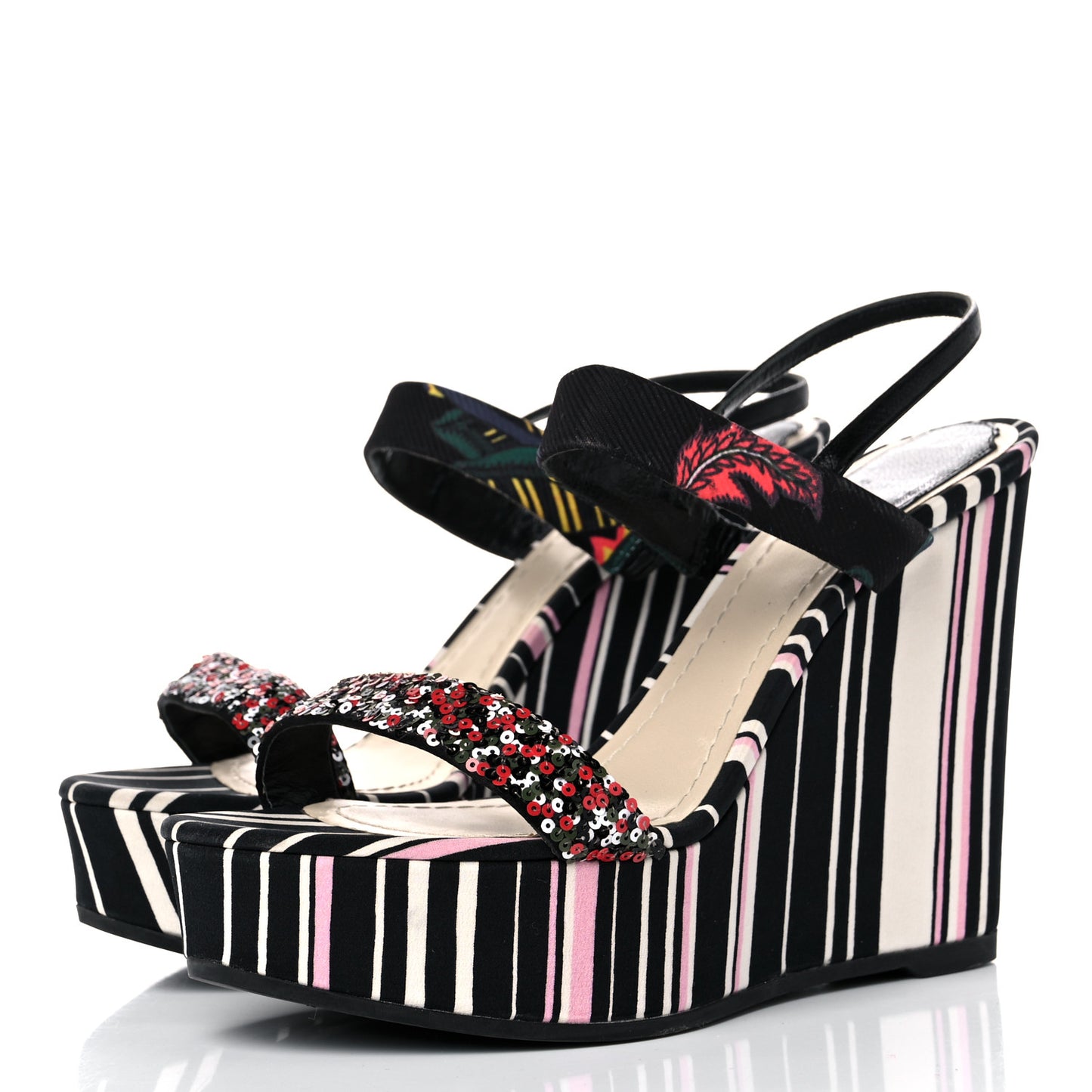 Satin Sequined Striped CD Platform Sandal 39.5 Black Multicolor