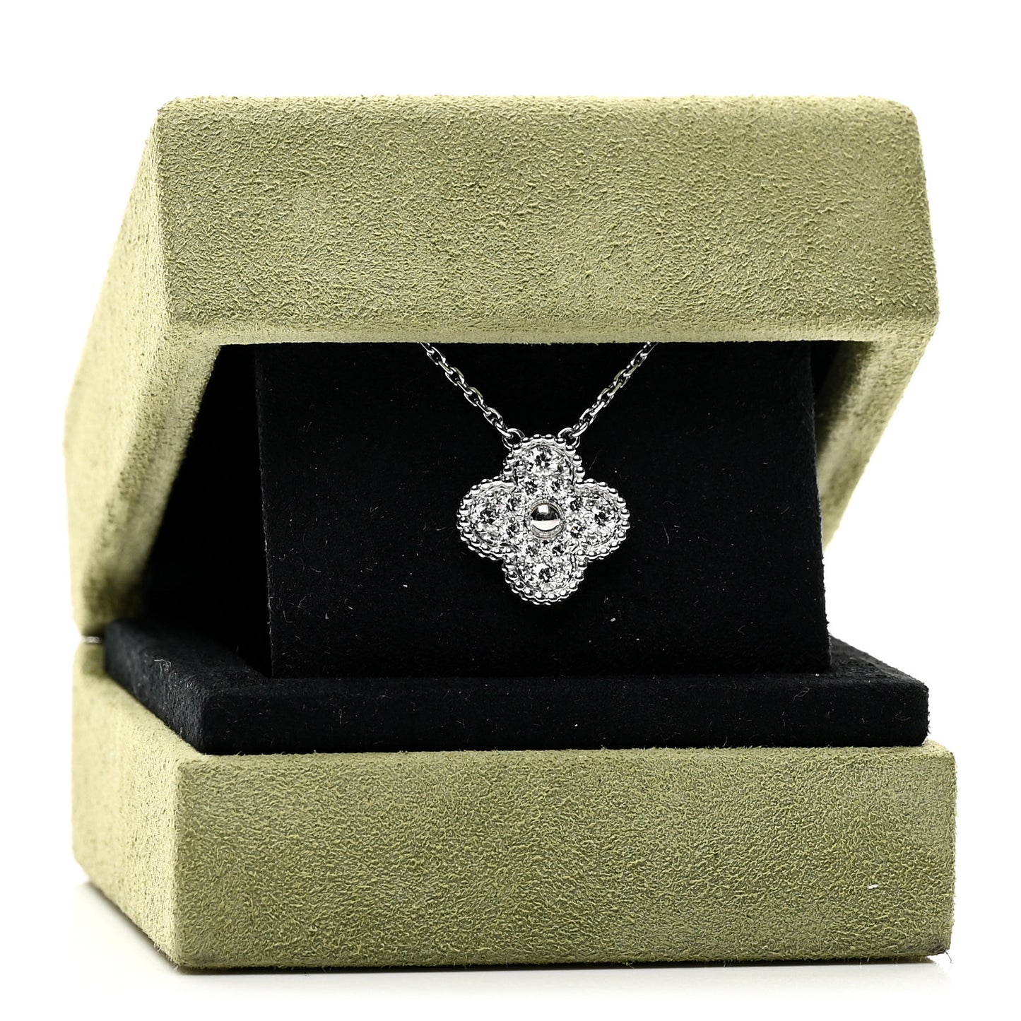 18K White Gold Diamond Vintage Alhambra Pendant Necklace