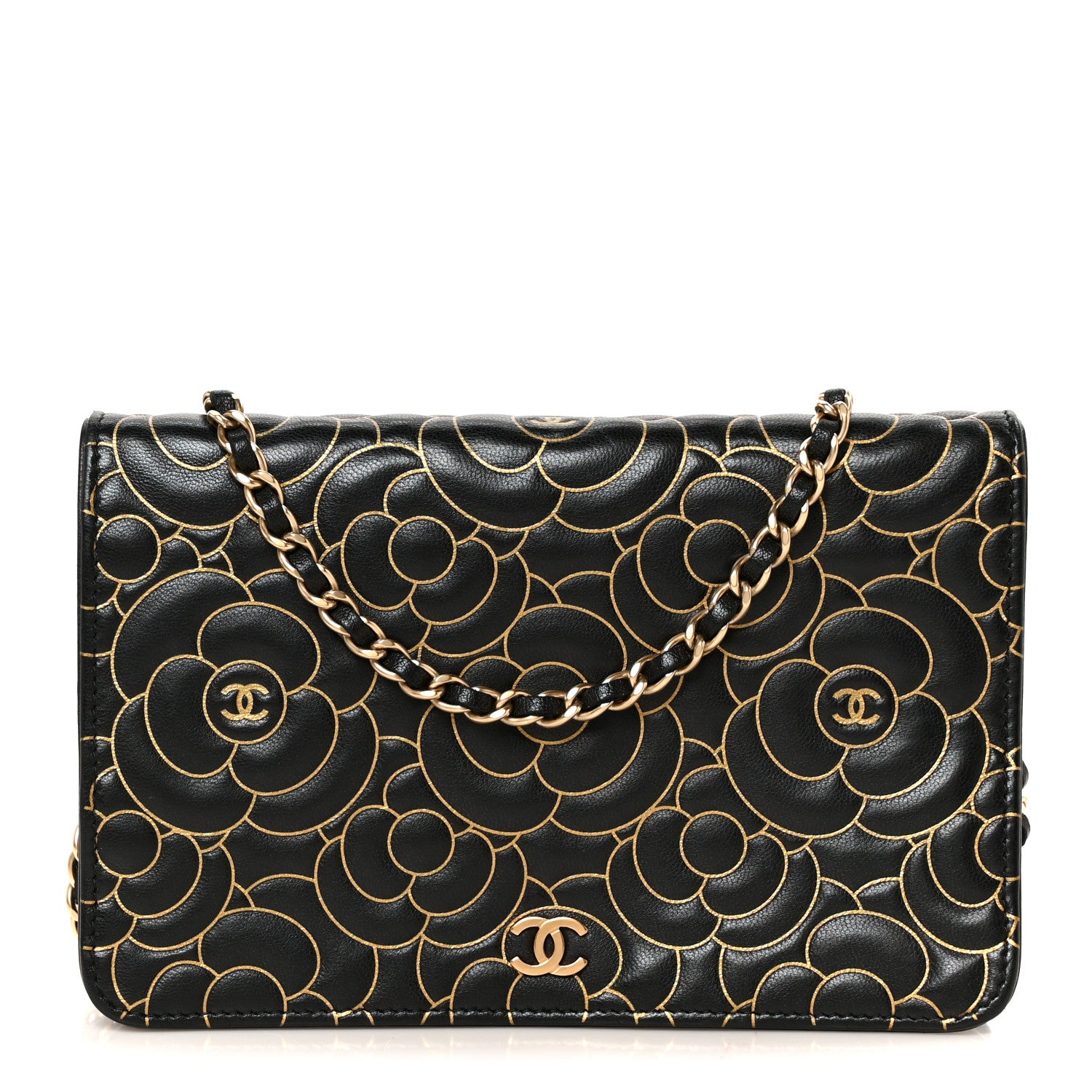 Chanel Lambskin Camellia Embossed Wallet On Chain WOC Black Gold 1 of 11