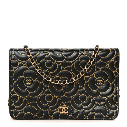 Chanel Lambskin Camellia Embossed Wallet On Chain WOC Black Gold 1 of 11