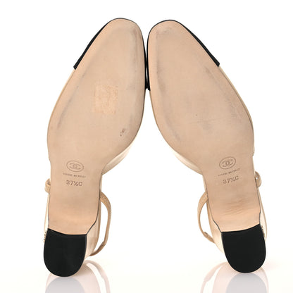 Chanel Goatskin Grosgrain Cap Toe CC Slingback Pumps 37.5 Beige Black 6 of 9