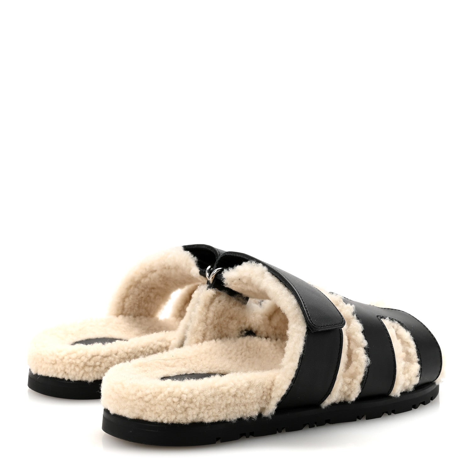 Hermes Calfskin Woolskin Womens Chypre Sandals 35.5 Black Ecru 5 of 9