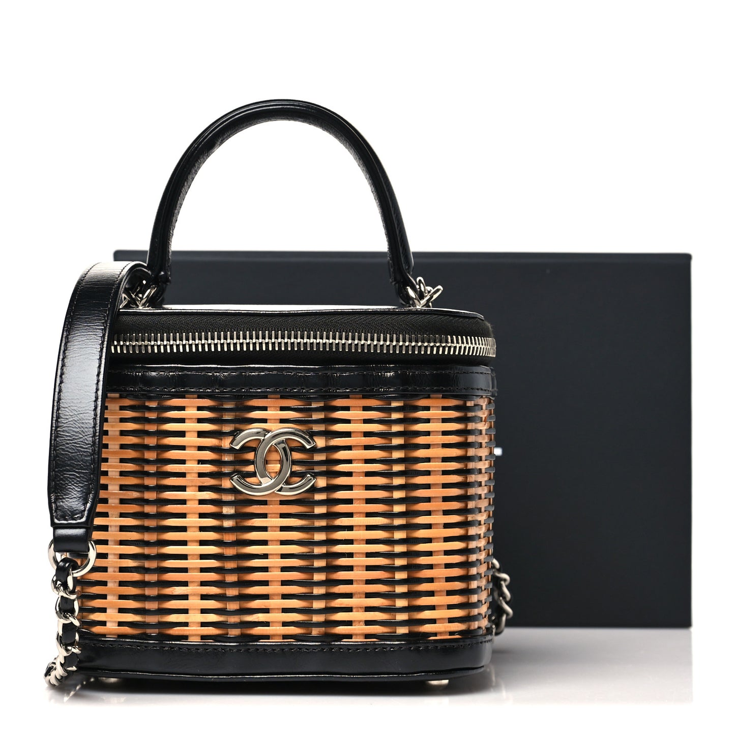 Calfskin Raffia Small Vanity Case Bag Black Beige