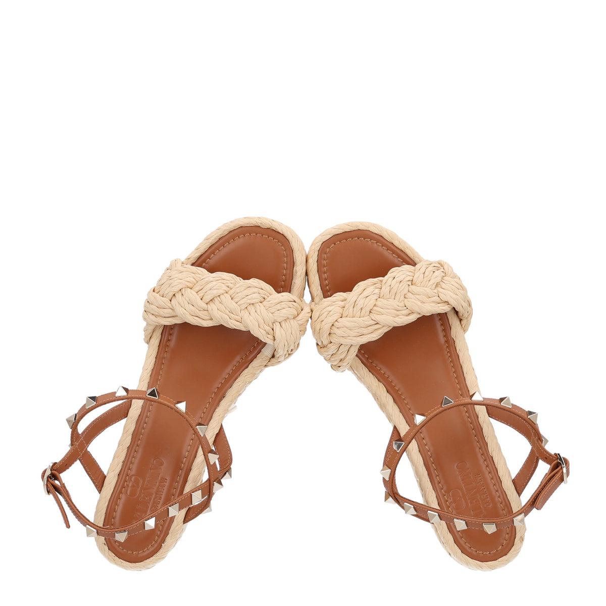 Valentino Garavani Calfskin Raffia Braided Rockstud Ankle Strap Espadrille 95mm Wedge Sandals 37 Almond Beige Naturale 2 of 9