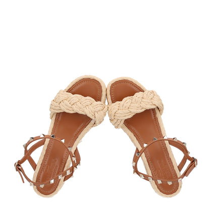 Valentino Garavani Calfskin Raffia Braided Rockstud Ankle Strap Espadrille 95mm Wedge Sandals 37 Almond Beige Naturale 2 of 9