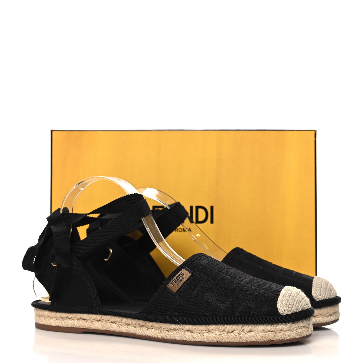 Canvas FF Embroidered Roma Ankle Wrap Flat Espadrilles 40 Black
