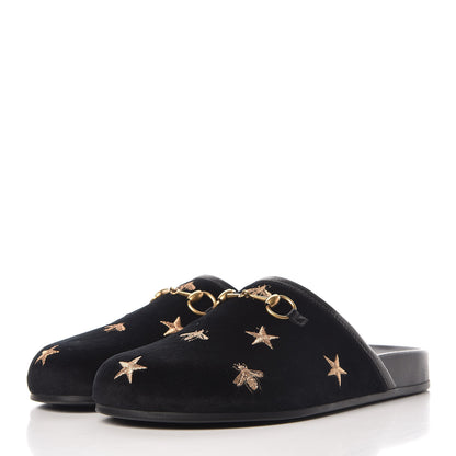 Gucci Softy Velvet Malaga Kid Bee Star Embroidered Womens Horsebit River Slippers 37 Black 3 of 10