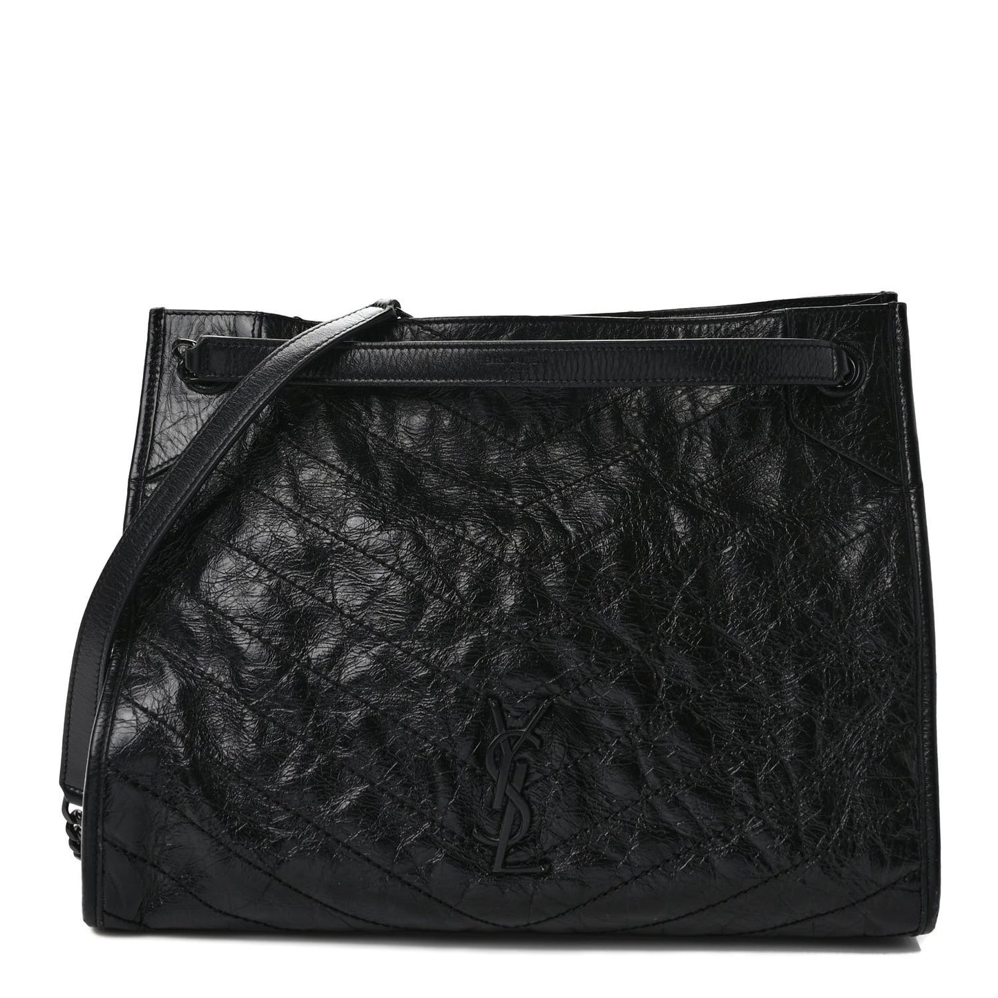 Crinkled Calfskin Matelasse Monogram Medium Niki Shopper Tote Black