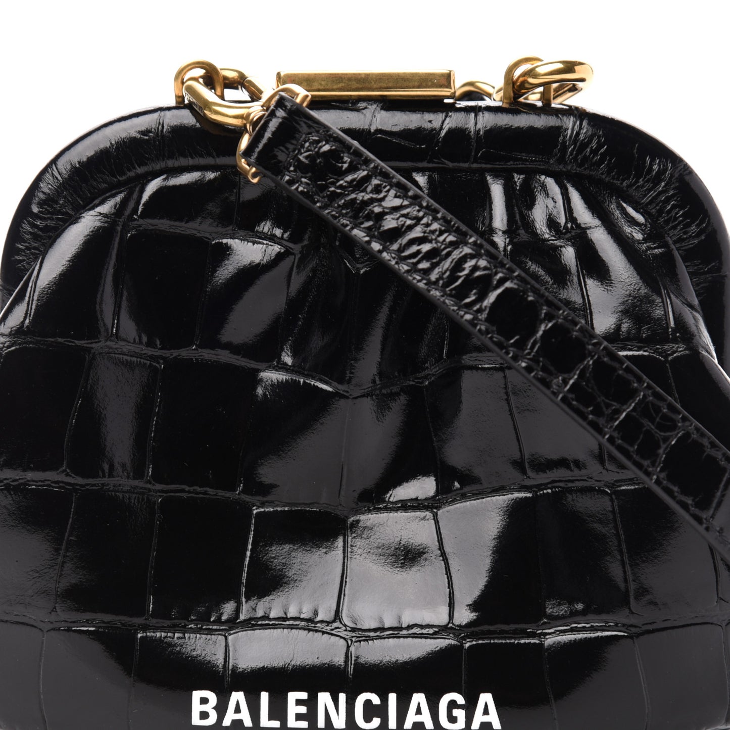 Shiny Supple Calfskin Logo Crocodile Embossed Cloud Coin Purse With Strap Black White