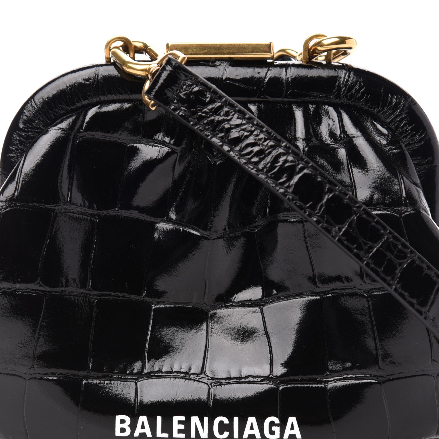 Balenciaga Shiny Supple Calfskin Logo Crocodile Embossed Cloud Coin Purse With Strap Black White 10 of 10