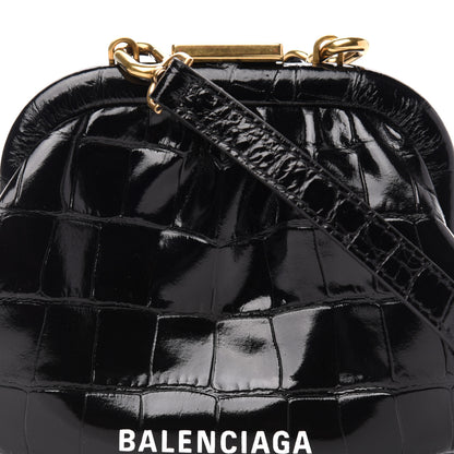 Balenciaga Shiny Supple Calfskin Logo Crocodile Embossed Cloud Coin Purse With Strap Black White 10 of 10