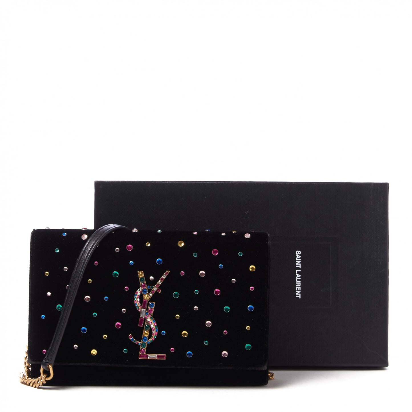 Velvet Crystal Embellished Monogram Kate Chain Wallet Black