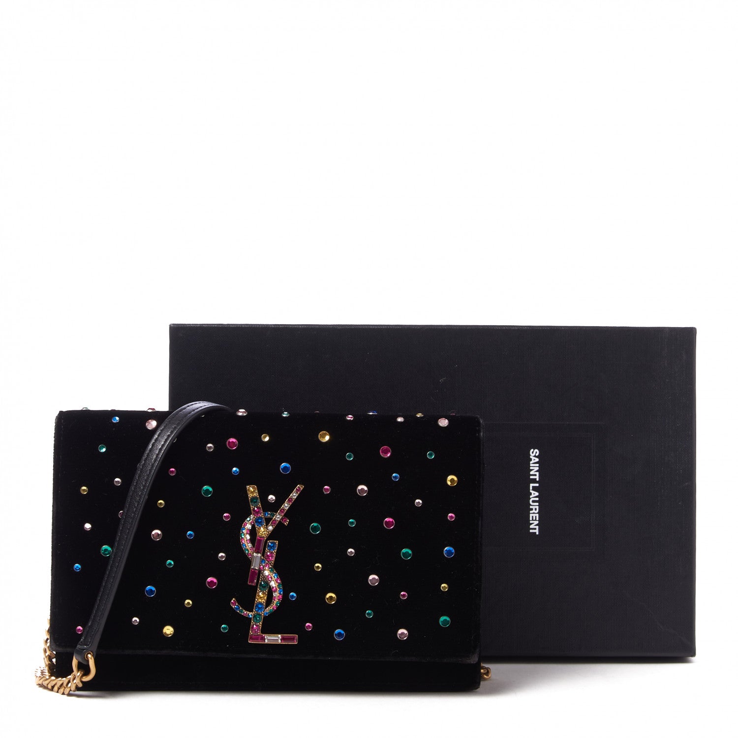 Saint Laurent Velvet Crystal Embellished Monogram Kate Chain Wallet Black 9 of 9